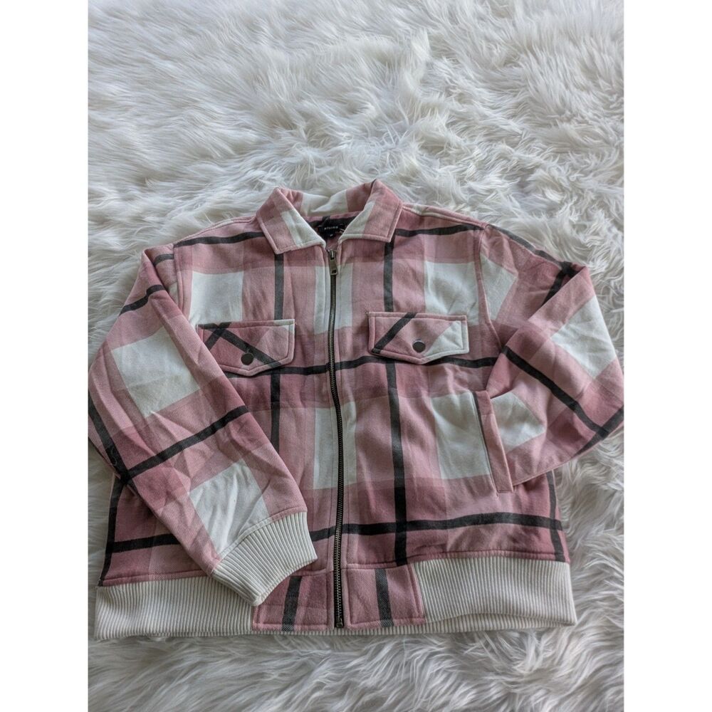 NWT Rising Pink & White Plaid Zip-Front Bomber Jacket, Size Medium